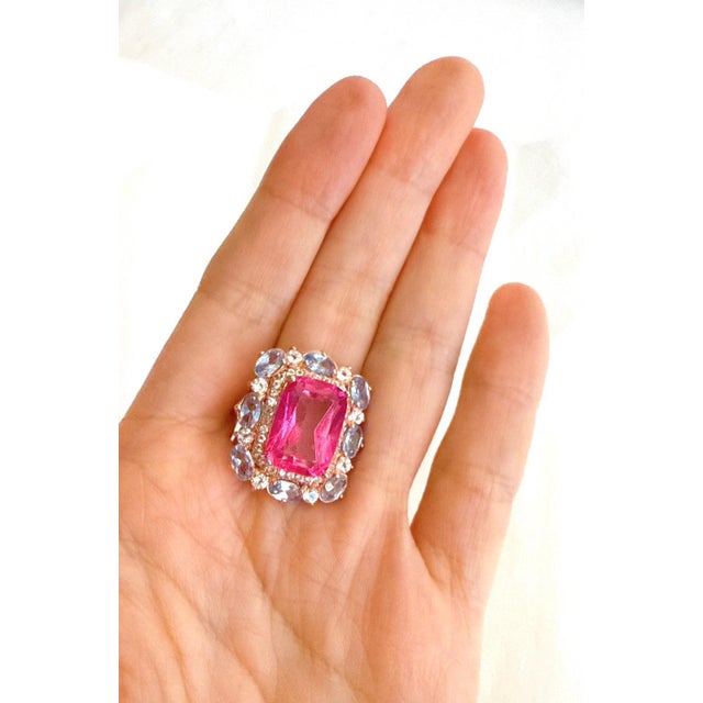 Bochic “Capri” Vintage Emerald Shape Pink Topaz & Tanzanite - 18K Gold & Silver For Sale In New York - Image 6 of 13