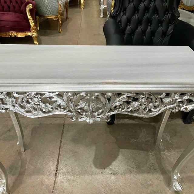 1990s Baroque Console Table – Silver Leaf Finish With Carvings For Sale In Miami - Image 6 of 6