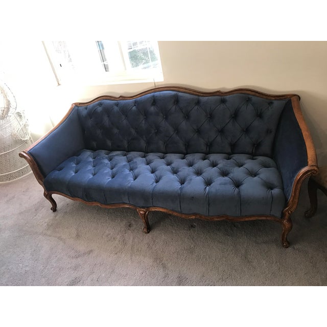 1960s Traditional Navy Blue Velvet Tufted Sofa Chairish