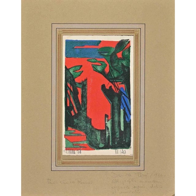 Composition is an original color lithograph realized by Danièle Perré. The artwork is in good condition, included a brown...