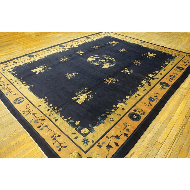 1920s Antique Chinese Floral Navy Deep Serene Landscape Deco Peking Knotted Rug For Sale - Image 4 of 10