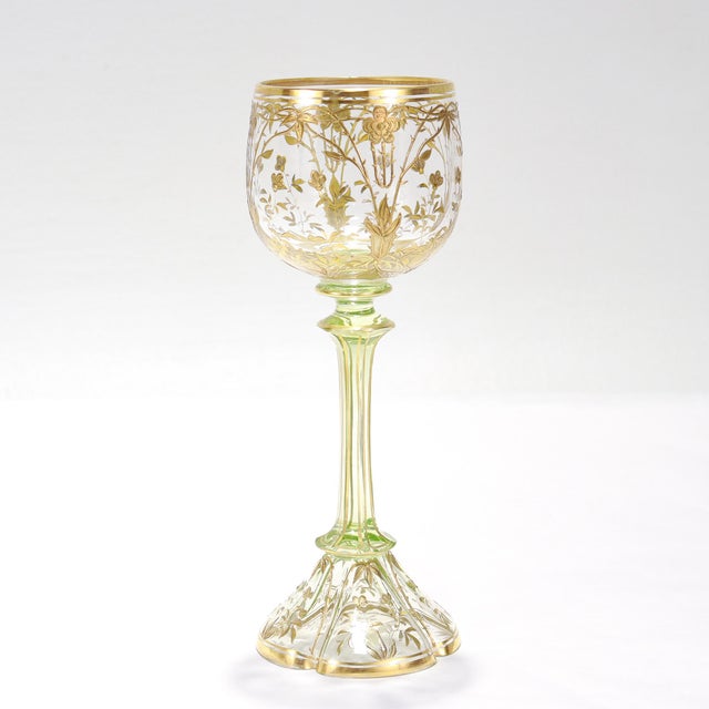 Set of 6 Gilt German or Bohemian Art Nouveau Clear & Green Glass Wine Goblets For Sale In Philadelphia - Image 6 of 18