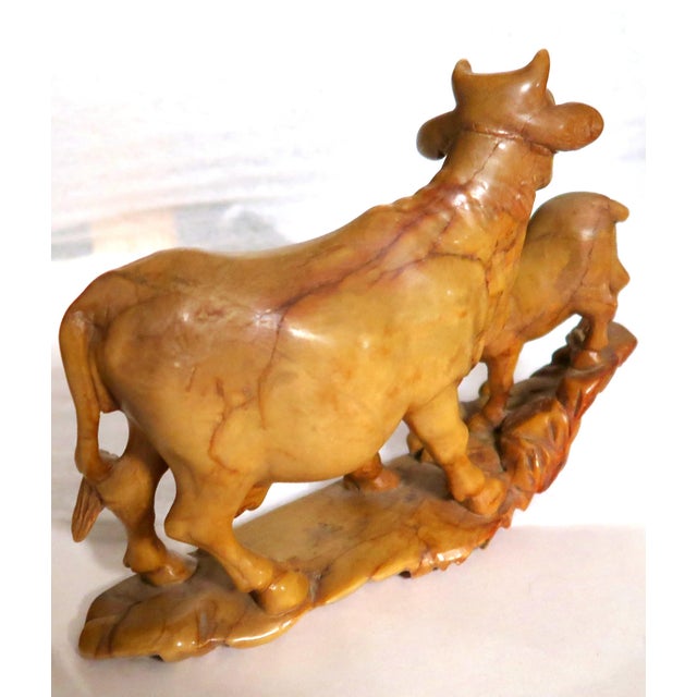 Japanese Japanese Yellow Jasper Hardstone Carving of a Cow and Calf For Sale - Image 3 of 16