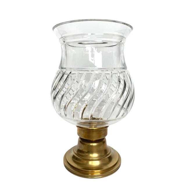 Ralph Lauren-Style Etched Crystal and Heavy Brass Base Hurricane Lamp 15x9” For Sale - Image 4 of 7