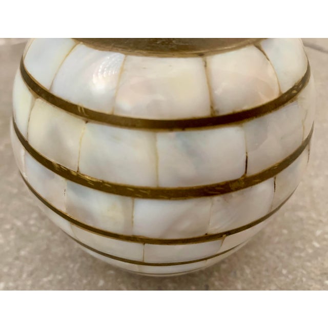 Art Deco 1970’s Vintage Indian Tessellated Mother of Pearl, Shell Candlestick Holders With Brass Trim- A Pair For Sale - Image 3 of 12