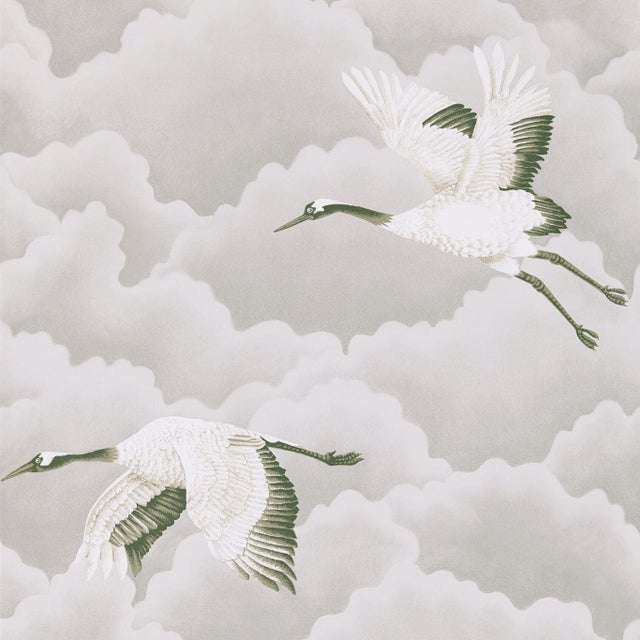 Harlequin Cranes in Flight Wallpaper in Platinum - a Sample For Sale