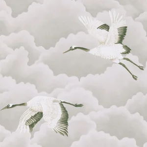 Harlequin Cranes in Flight Wallpaper in Platinum - a Sample