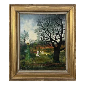 Vintage Folk Art Pastoral Tropical Landscape With Two Figures, Sheep, and Parrots, Signed (1950, Oil on Board)