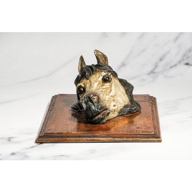 Amazing Rare Antique Austrian Cold Painted Bronze Horse Head Sculpture Desk Document Clip Equestrian Art Home Decor For Sale - Image 10 of 15