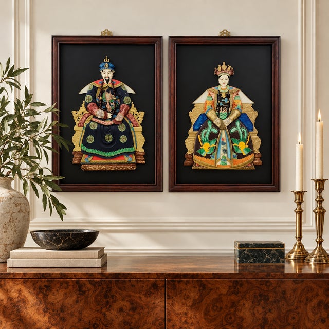 Striking vintage pair of Chinese dimensional wall panels depicting an imperial emperor and empress in elaborate ceremonial...