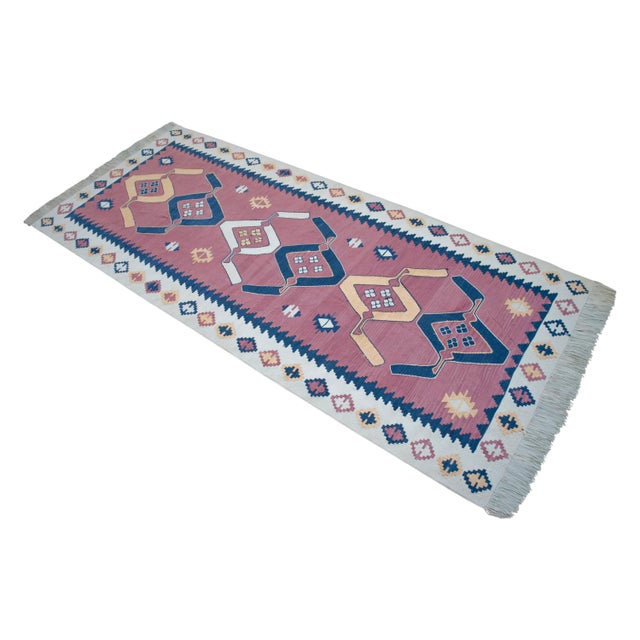 3x7 Pink Navy Silk Kilim, Modern Turkish Flatweave Runner, Handwoven Entryway Corridor Rug, Geometric Tribal Runner For Sale - Image 6 of 18