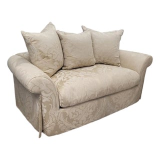 Feather-Filled Damask Loveseat With Rolled Arms and Pleated Skirt For Sale