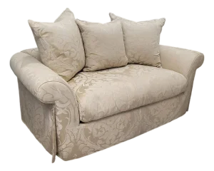 Feather-Filled Damask Loveseat With Rolled Arms and Pleated Skirt