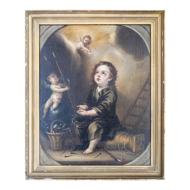 17/18th C. Spanish School Painting of Boy With Passion Attributes, Follower of Bartolomeo Esteban Murillo For Sale