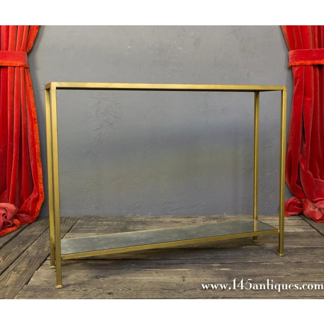 Mid-Century Modern Gold Finish Iron Console Table With Antiqued Mirror Shelves For Sale - Image 3 of 9