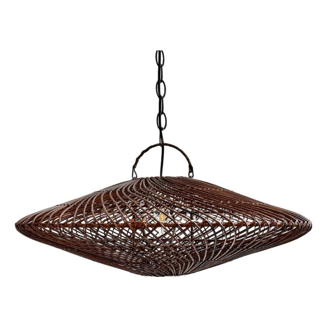 Modern Coffee Stain Wicker Discus Pendant Light Small For Sale