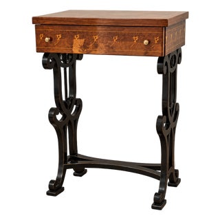 French-Style Side Table – Rich Wood Inlay, Decorative Drawer & Sculptural Black Base For Sale