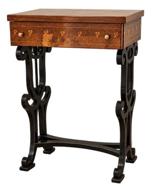 French-Style Side Table – Rich Wood Inlay, Decorative Drawer & Sculptural Black Base