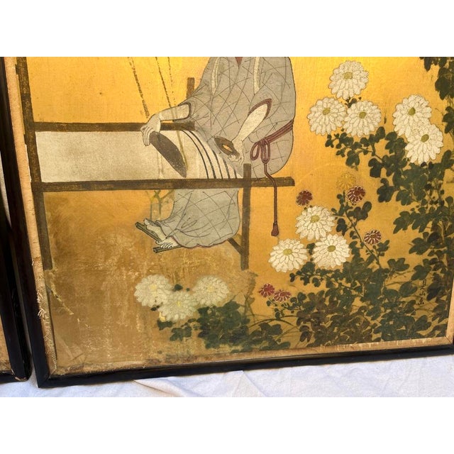 Antique Japanese Hand Painted Panels a Pair For Sale - Image 4 of 12