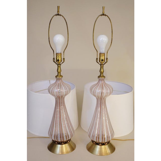 1960 Large White & Pink Barovier Toso Murano Italy Latticino Blown Art Glass Brass Table Lamps - a Pair For Sale - Image 12 of 13