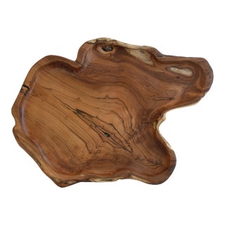 Large Mid-Century Hand-Carved/Finished Natural Teak Root Wood Serving Dish With Hollowed-Out Compartment For Sale