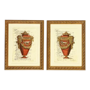 Reproductions of 18th Century Italian Documents With Hand Colored Urn and Lion Etchings- a Pair