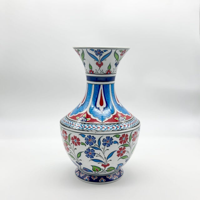 Handmade Ceramic Classic Vase (30cm) – Turquoise Panels & Red Floral Pattern – Mediterranean Summer Decor For Sale - Image 6 of 8