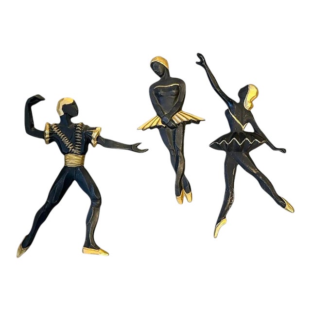 Vintage, Set of 3, MCM Black & Gold Bronze Ballerina Man Women Dancing, Wall Art, Home Decor, 10" For Sale
