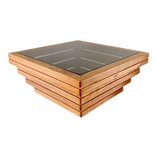 Rustic Tiered Stacked Oak & Bronze Glass Coffee Table For Sale