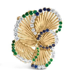 18K Yellow Gold 2 1/3 Cttw Diamond, Sapphire, and Emerald Sculpted Petal Brooch Pin (G-H Color, VS1-