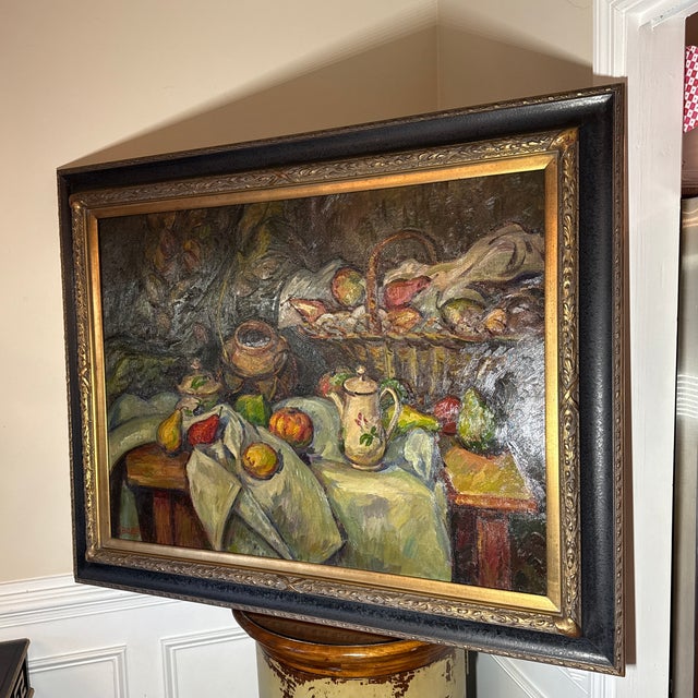 1970s Vintage Original Oil Painting Still Life Fruit Basket Impressionist Framed &Signed For Sale - Image 5 of 9