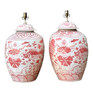 Vintage Boho Glazed Ceramic Fish Lamps - A Pair For Sale