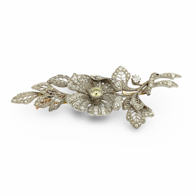 1910s 1910s Edwardian Old European Cut Diamond Flower Platinum Brooch For Sale - Image 5 of 5