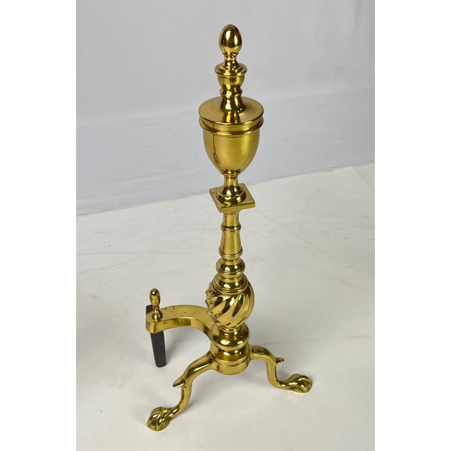 Pair of Vintage Brass Urn & Spiral Federal Style Flame Top Andirons – Claw & Ball Feet For Sale - Image 9 of 13