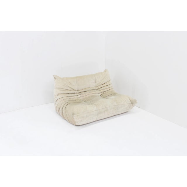 Vintage Togo Two-Seater Sofa in Beige Velvet by Michel Ducaroy for Ligne Roset, 1980s For Sale - Image 3 of 12