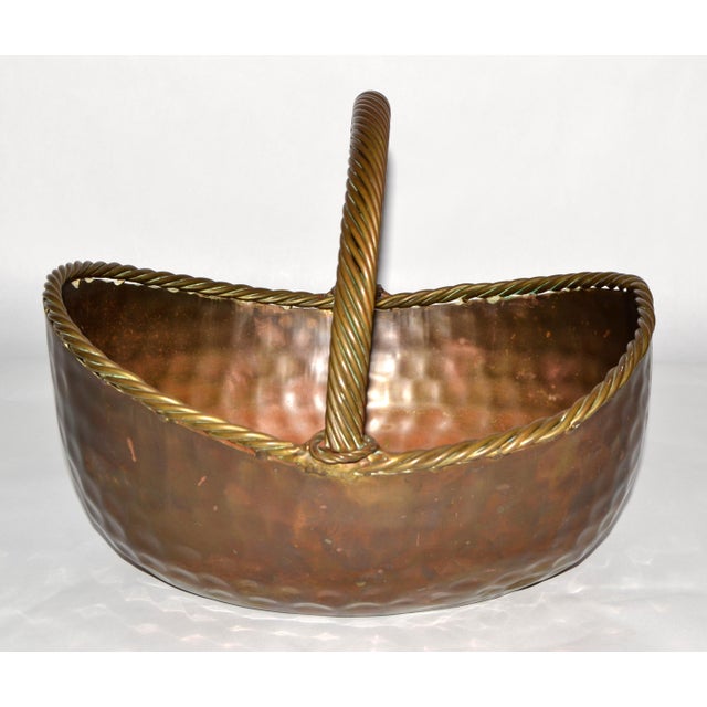 50s Ramon Ramirez Style Arts & Crafts Heavy Brass Basket Planter Hammered Patina For Sale In Miami - Image 6 of 14