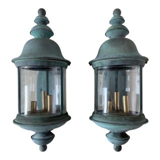 Patinated Verdigris Copper Wall Sconce Lanterns - a Pair For Sale