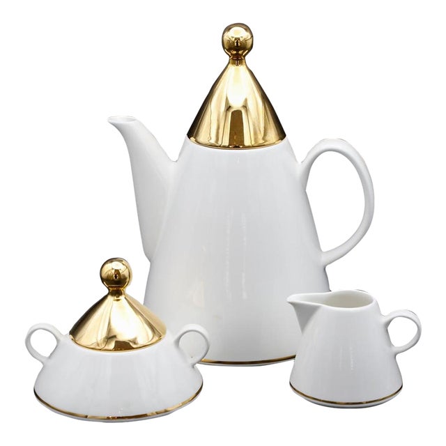 1980s Postmodern Harlekin Gold Arabia Finland Coffee, Sugar Bowl & Creamer For Sale