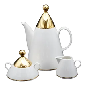 1980s Postmodern Harlekin Gold Arabia Finland Coffee, Sugar Bowl & Creamer