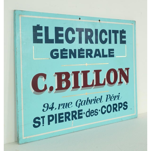 Vintage European French contractor C. Billon business sign. The top phrase "Électricité Générale" translates to General...