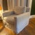 Restoration Hardware Pair Restoration Hardware Belgian Slipcovered Square Arm Lounge Chairs Linen Skirted For Sale - Image 4 of 9