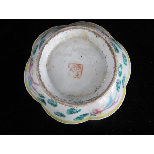 Ceramic Chinese Porcelain Enamel Koi Fish & Flower Turquoise Center Nyonya Lobed Bowl For Sale - Image 7 of 7