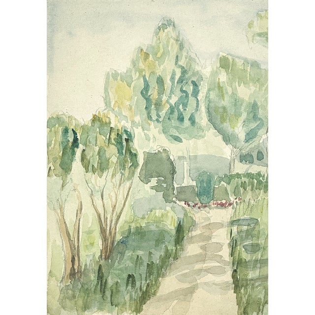Impressionist Small Early 1900's Antique French Impressionist Watercolor Landscape of Scenic Trees on Paper With Mat For Sale - Image 3 of 3