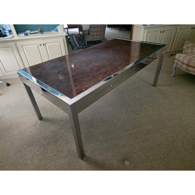 1970s Rare Leon Rosen for Pace Collection Burl Wood & Chrome Executive Desk For Sale - Image 10 of 11
