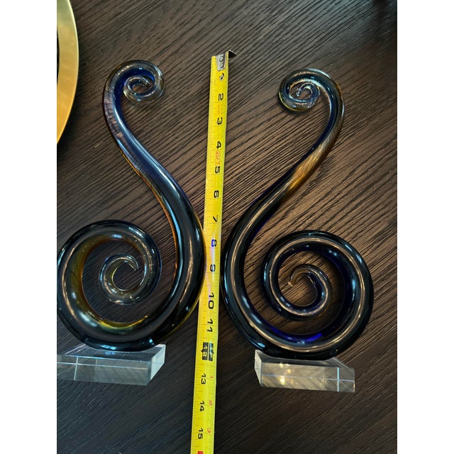 Blue Set of 2 Contemporary Colored Blue Clear Gold Glass Sculptures For Sale - Image 8 of 10