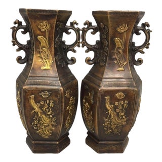 Pair of Chinese Gilt Bronze Hexagonal Vases With Phoenix & Peony Motif For Sale
