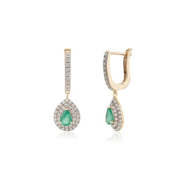 Metal Luxury Emerald & Diamond Double Halo Latchback Earrings in 14k Yellow Gold- 2 Pieces For Sale - Image 7 of 12
