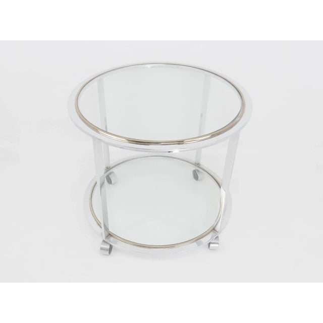 1970s Willy Rizzo Style Two Tier Chrome Brass and Glass Rolling Table on Casters For Sale - Image 13 of 13
