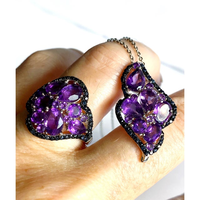 Amethyst & Black Sapphire Statement Necklace and Ring Set in Sterling Silver | Italian Roma Chain | Art Deco–Inspired Elegance For Sale - Image 9 of 10