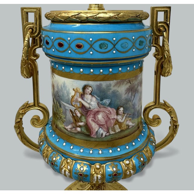Blue Late 19th Century Pair Antique French Sèvres Porcelain Ormolu Celeste Blue Jewell Table Urns Lamps For Sale - Image 8 of 11